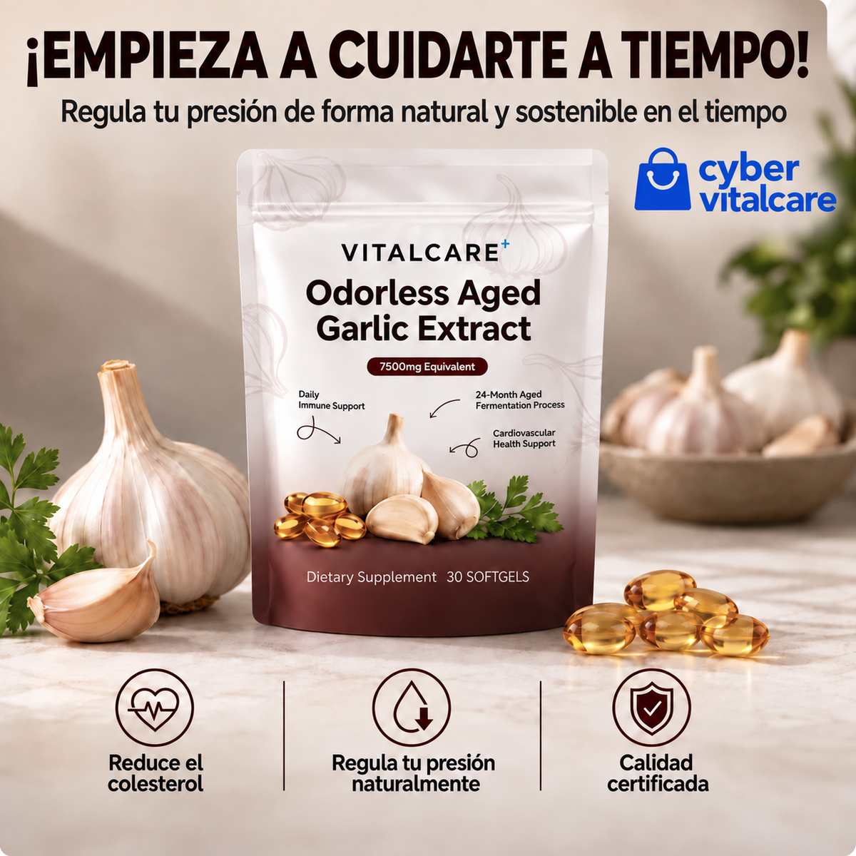 VitalCare Ajo Envejecido 24 Meses — Baja tu presión y colesterol naturalmente